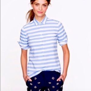 J Crew Striped Long Tab Sleeve Blue White Popover Blouse 4